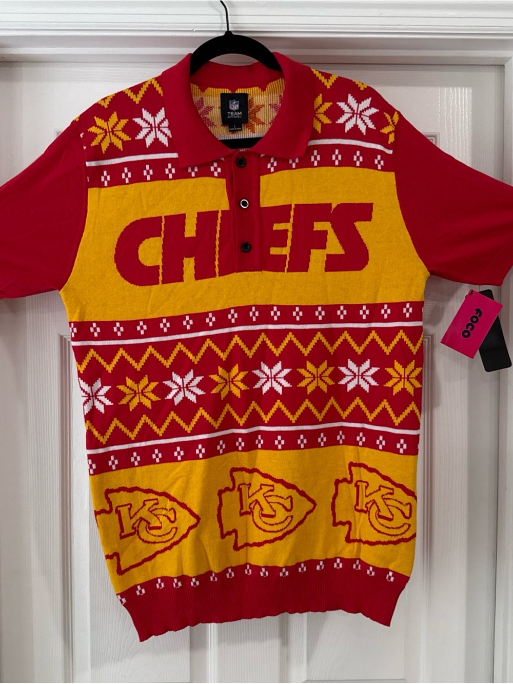New NWT Kansas City Chiefs Foco Short Sleeve Large L Red Gold Knit Polo Sweater